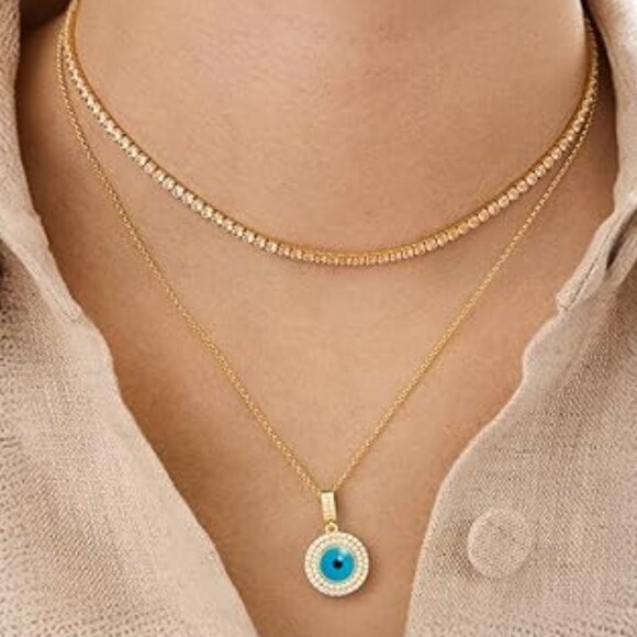 Neiman Marcus 14K Gold Plated Gold Evil Eye Mother of Pearl CZ Necklace - Picture 1 of 3